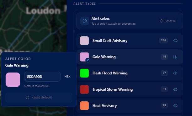 Alert Types panel with custom color picker for Gale Warning