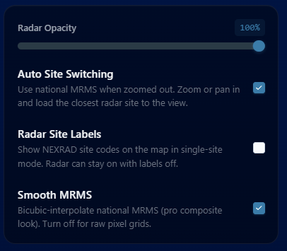 Radar Settings showing the Auto Site Switching toggle on by default