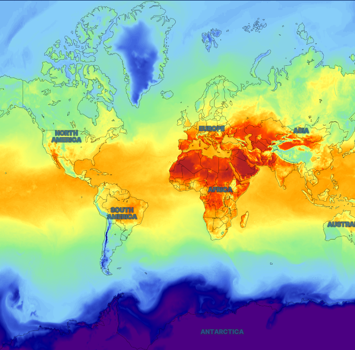 GFS global 2-meter temperature map showing worldwide surface temperatures
