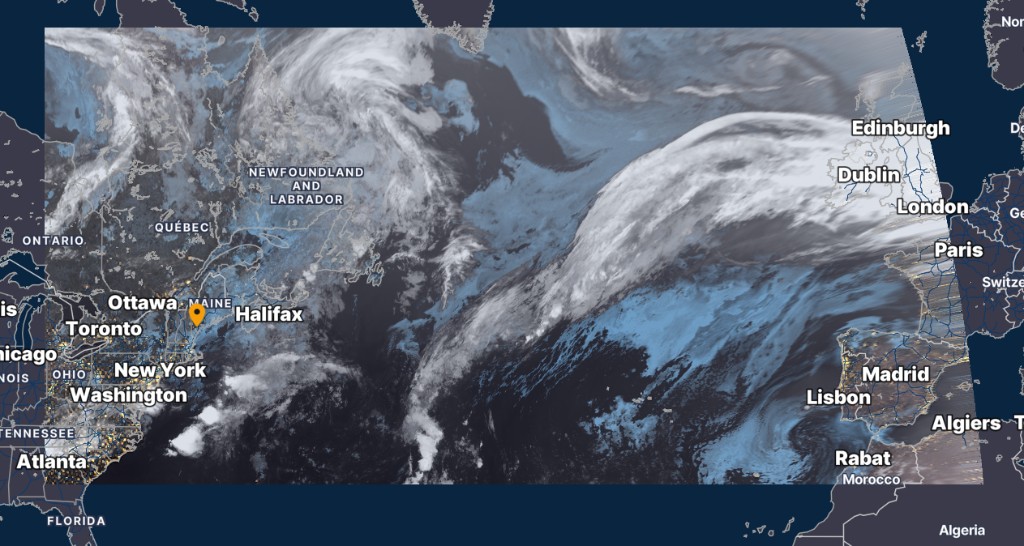 GOES-East North Atlantic satellite view from eastern North America to Western Europe and North Africa