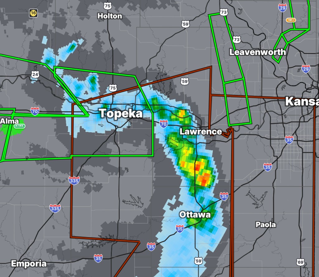 Storm Relative Velocity showing severe thunderstorms in Kansas