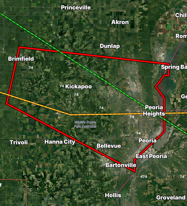 Satellite Peak showing terrain and populated areas beneath tornado warning borders near Peoria, Illinois