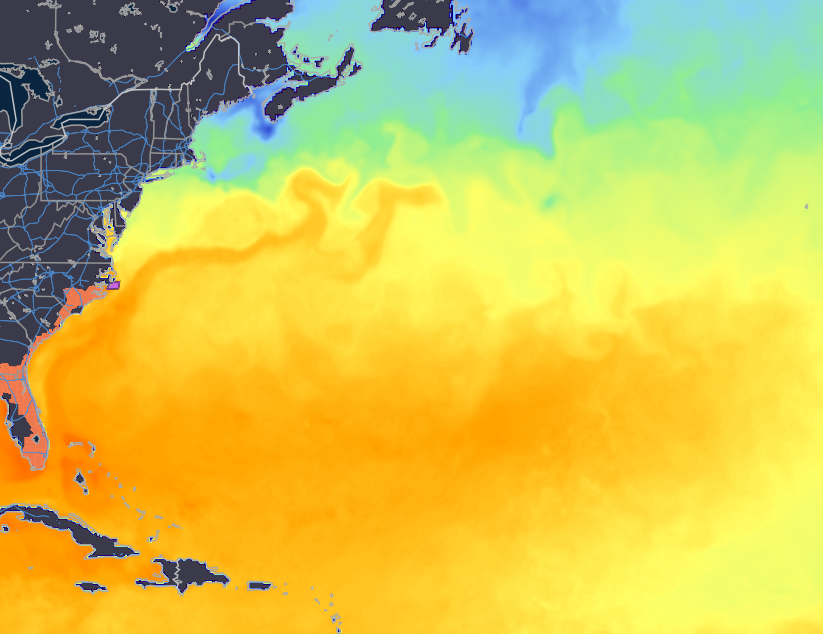Sea surface temperature showing the Gulf Stream off the U.S. East Coast