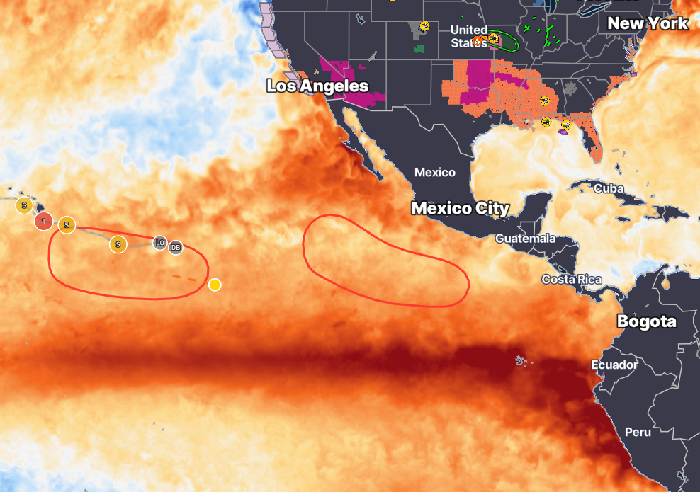 Sea surface temperature across the eastern Pacific with tropical tracks and U.S. alerts