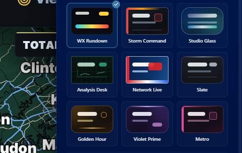 Streamer Mode Overlays picker showing nine overlay themes including WX Rundown, Storm Command, and Studio Glass